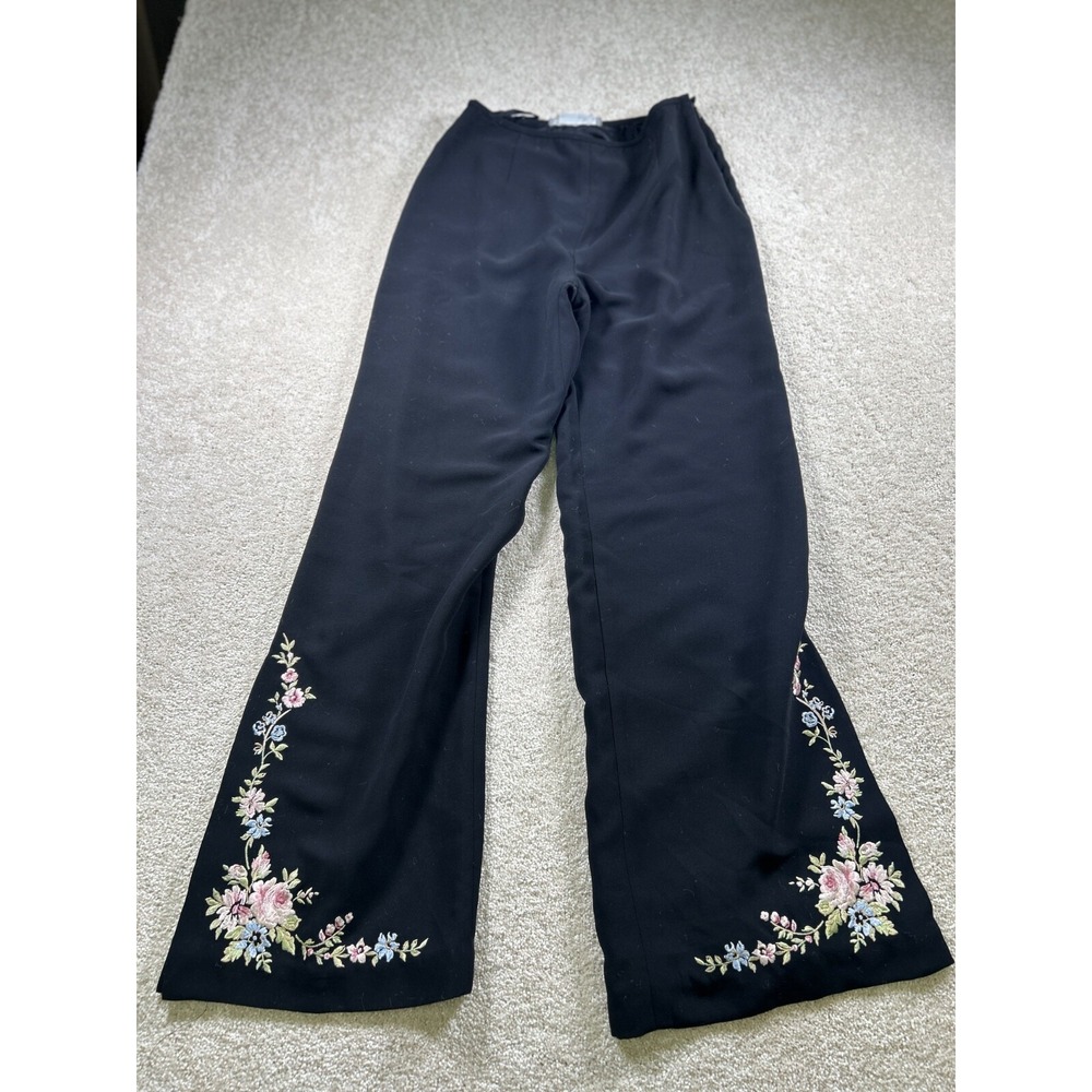 Maggy London Black Wide-Leg Pants with Pink & Green Floral Embroidery